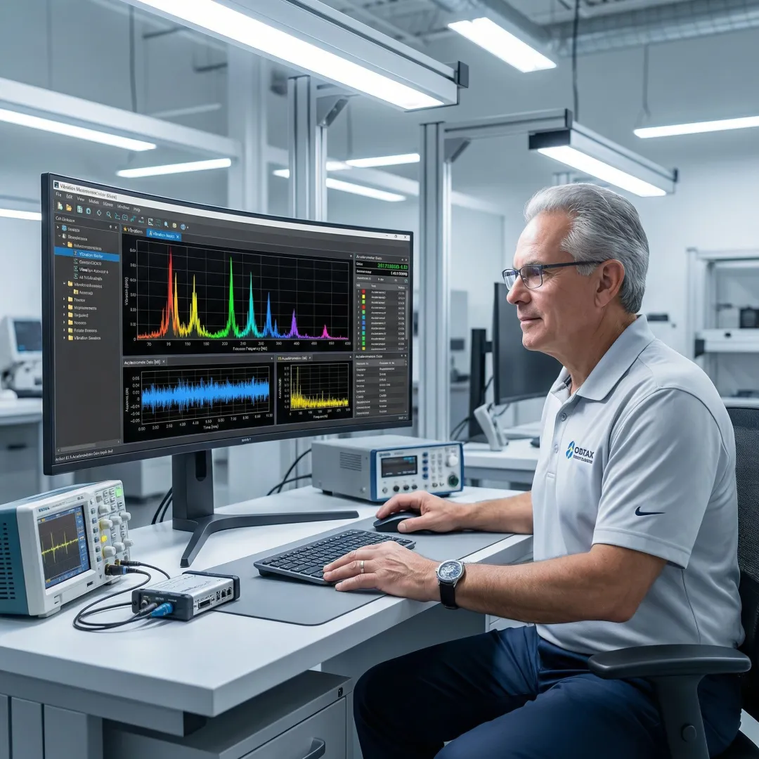 Engineer analyzing vibration frequency spectrum data on a computer screen in an industrial lab