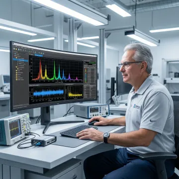 Engineer analyzing vibration frequency spectrum data on a computer screen in an industrial lab