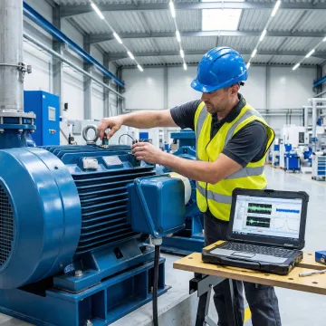 Technician performing vibration condition monitoring on industrial rotating equipment