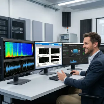 Engineer reviewing rotating equipment condition monitoring data on a computer screen