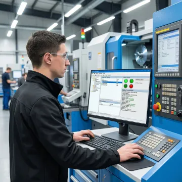 CNC machinist using software on a computer connected to a CNC machine tool on a manufacturing shop floor