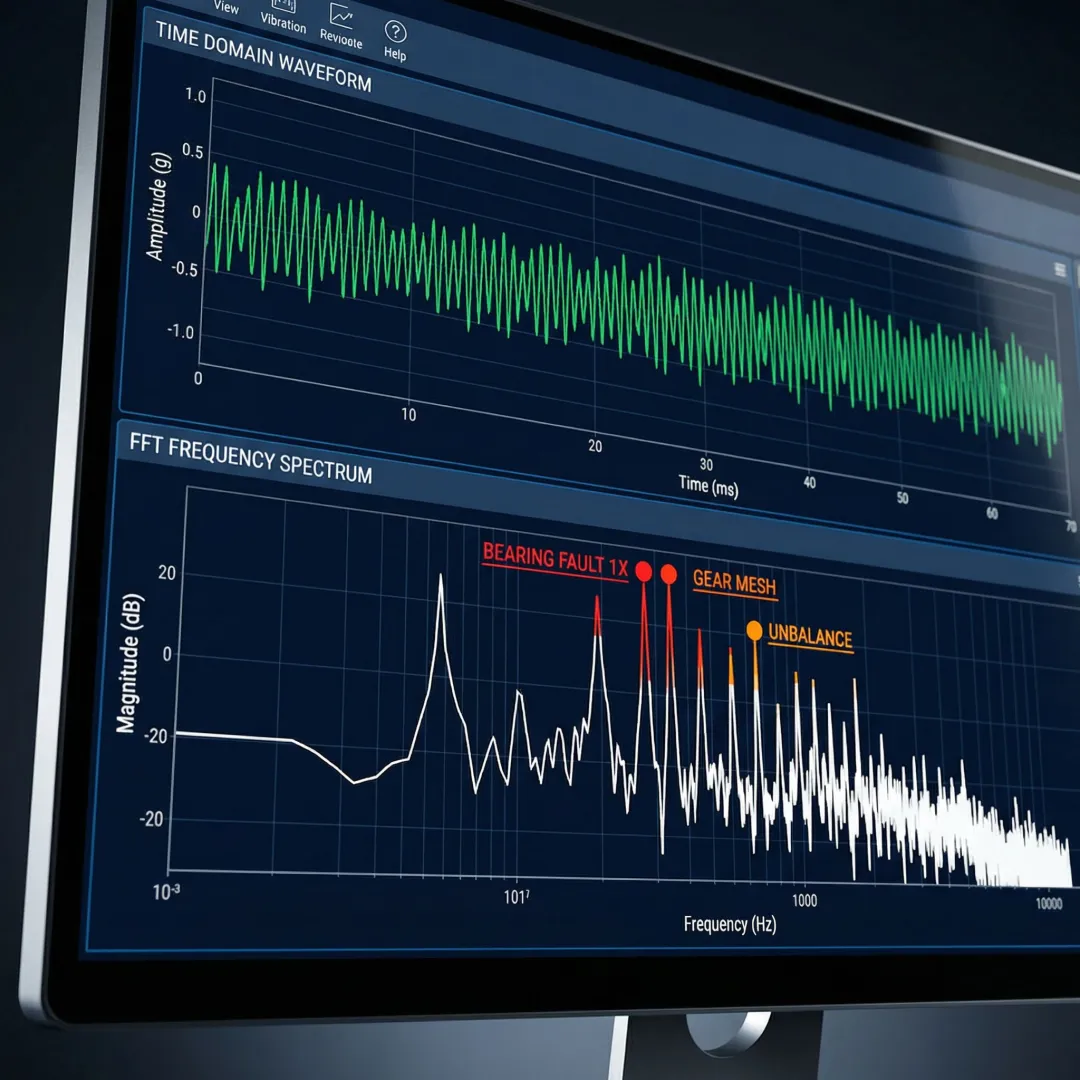 Vibration analysis software displaying time and frequency domain waveforms on screen