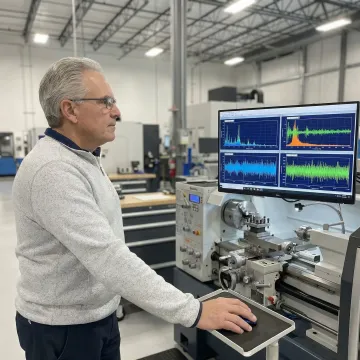 Engineer analyzing vibration data on industrial machinery using software dashboards