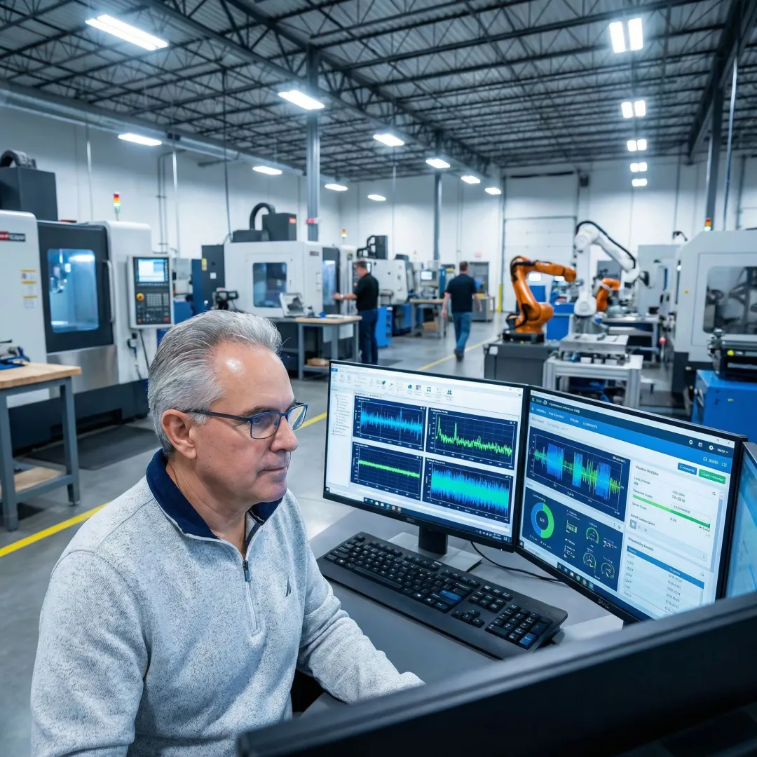 Engineer analyzing real-time process quality data on a monitoring workstation in a manufacturing plant