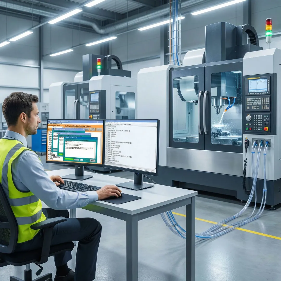 Engineer reviewing CNC program files on a computer connected to multiple machine tools in a manufacturing facility