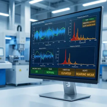 Real-time condition monitoring software interface displaying vibration and process data for CNC machines