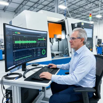 Engineer remotely monitoring CNC machine conditions on a computer dashboard in a manufacturing facility
