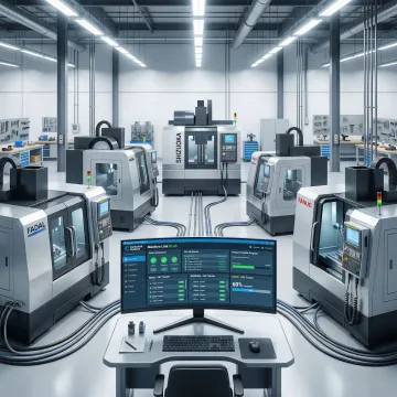 Manufacturing operations management software running on a shop-floor computer connected to CNC machines