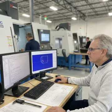 Engineer reviewing CNC program files on a computer in a manufacturing facility