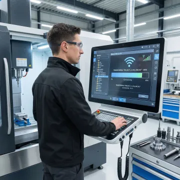 Machinist at CNC machine receiving digital program file on a paperless shop floor