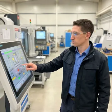 Engineer interacting with a custom HMI touchscreen panel on a manufacturing shop floor