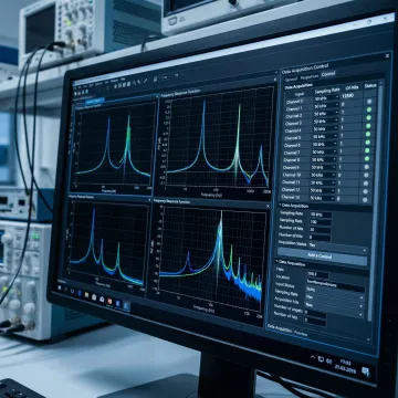 Modal analysis software interface displaying frequency response function graph on a monitor in a testing environment