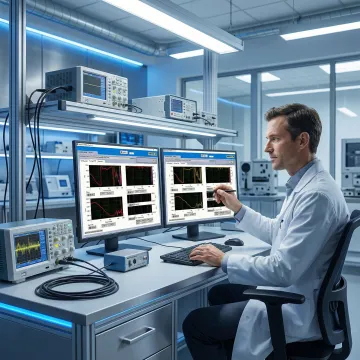 Engineer using modal analysis software to review frequency response data on a computer screen in a testing lab