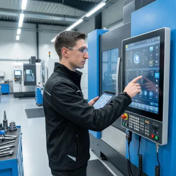 Engineer interacting with a touchscreen HMI panel on a CNC machine in a manufacturing facility