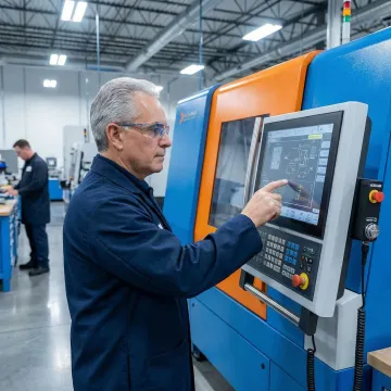 Engineer interacting with an HMI control panel on a manufacturing shop floor