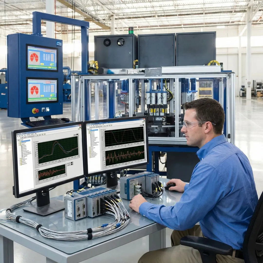 Engineer reviewing real-time DAQ data on a monitor connected to NI hardware in an industrial facility