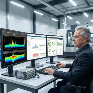 Engineer reviewing real-time process monitoring data on a computer in a manufacturing facility
