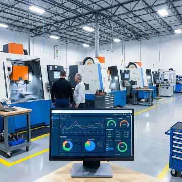 Live monitoring software dashboard displaying real-time CNC machine data on a shop floor