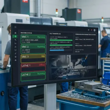Shop floor automation software dashboard displaying CNC machine statuses and file transfer activity