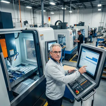 CNC machine operator using shop floor automation software on a computer terminal in a manufacturing facility