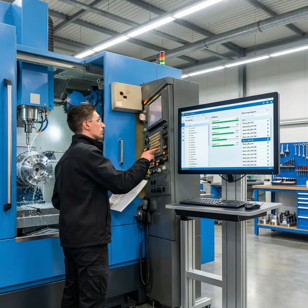 CNC operator focused at machine while automation software manages file transfer on a nearby workstation.