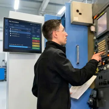 Machinist operating CNC machine on a manufacturing shop floor with automation software running on a nearby computer.