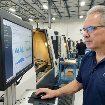 Manufacturing management software interface on a computer screen in a CNC machine shop