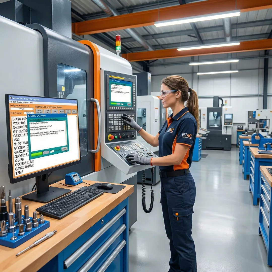 Machinist at CNC control panel receiving a program file via DNC software