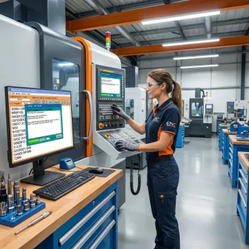 Machinist at CNC control panel receiving a program file via DNC software