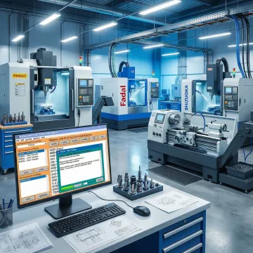 CNC program management software interface on a shop floor computer connected to CNC machine tools