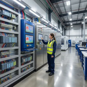 Industrial engineer configuring a DCS and PLC control panel in a manufacturing facility