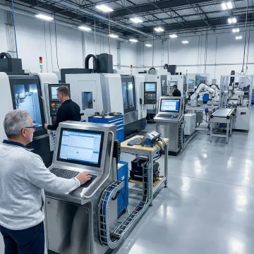 Turnkey factory automation systems integration with CNC machines and control panels on a manufacturing shop floor