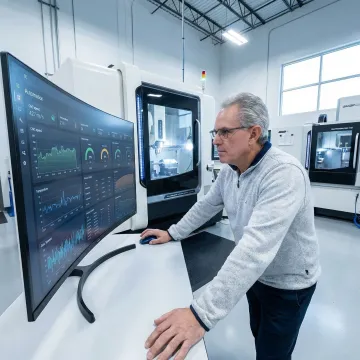 Engineer reviewing factory automation integration dashboard connected to CNC machines and industrial control systems