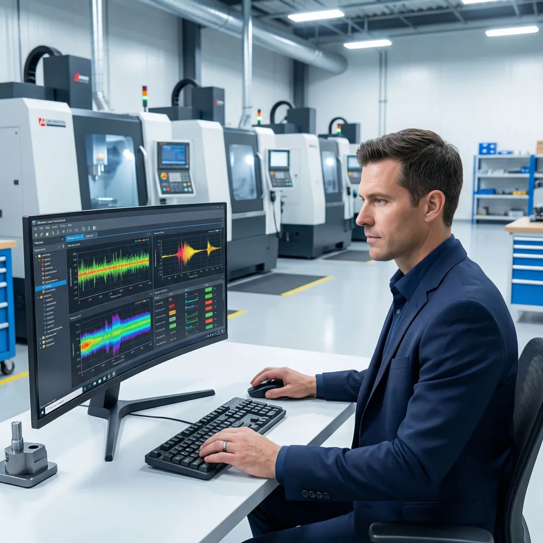 Engineer remotely monitoring CNC machine process data on a computer screen in a manufacturing environment