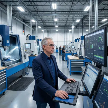 Manufacturing plant engineer monitoring CNC machines on a shop floor with automation software