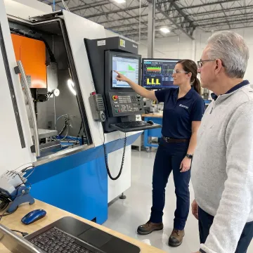 Engineer reviewing manufacturing software data on industrial equipment