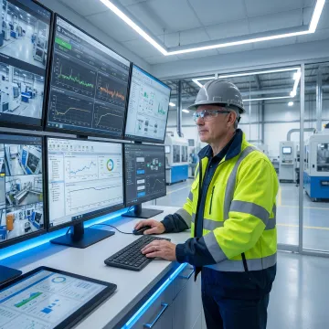 Engineer reviewing process control software at a production workstation