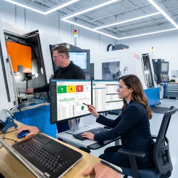 Engineer reviewing production reporting software in a manufacturing facility