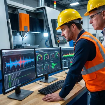 Engineer reviewing machine monitoring software data