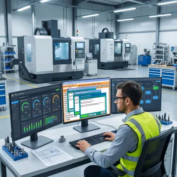 Engineer reviewing CNC software workflow