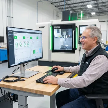 Engineer reviewing remote machine monitoring data