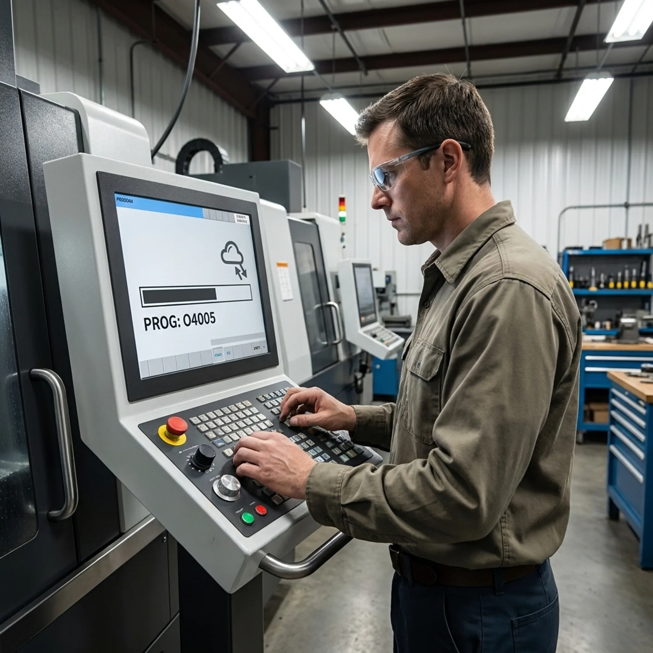 Machinist requesting CNC program files through automated DNC software at machine control
