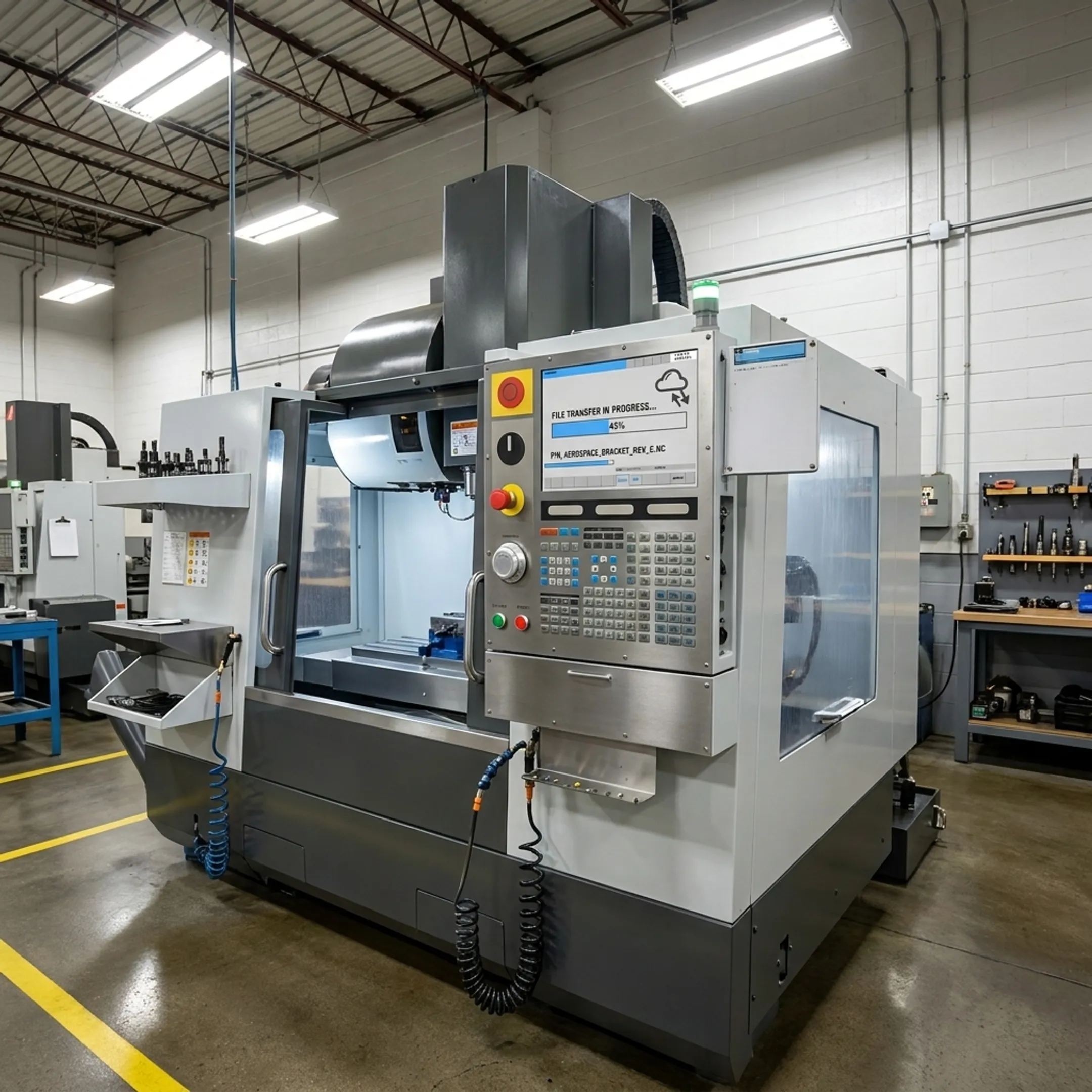 Modern DNC software interface communicating with CNC machine tools on a shop floor