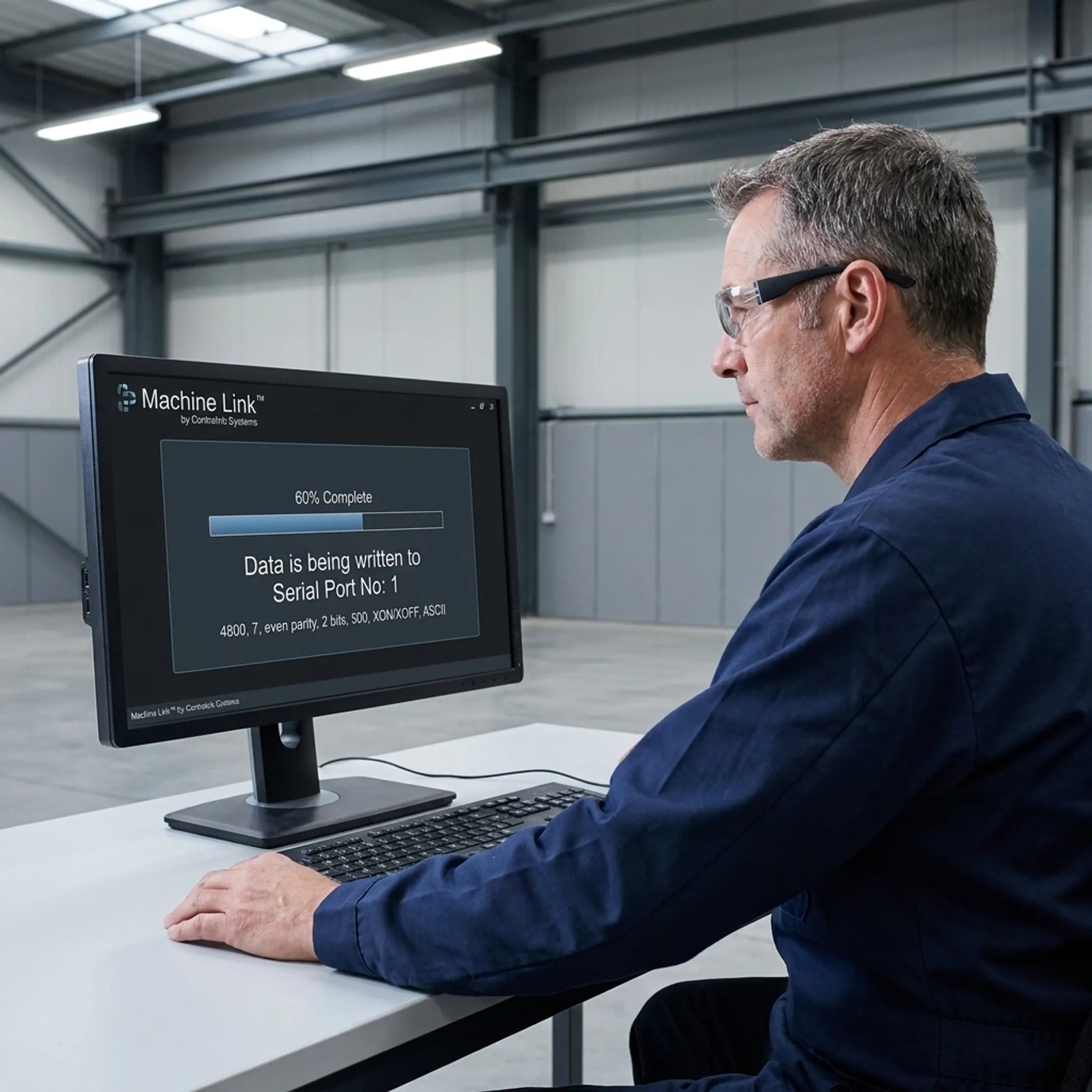 Operator reviewing automated CNC program transfer logs on workshop computer