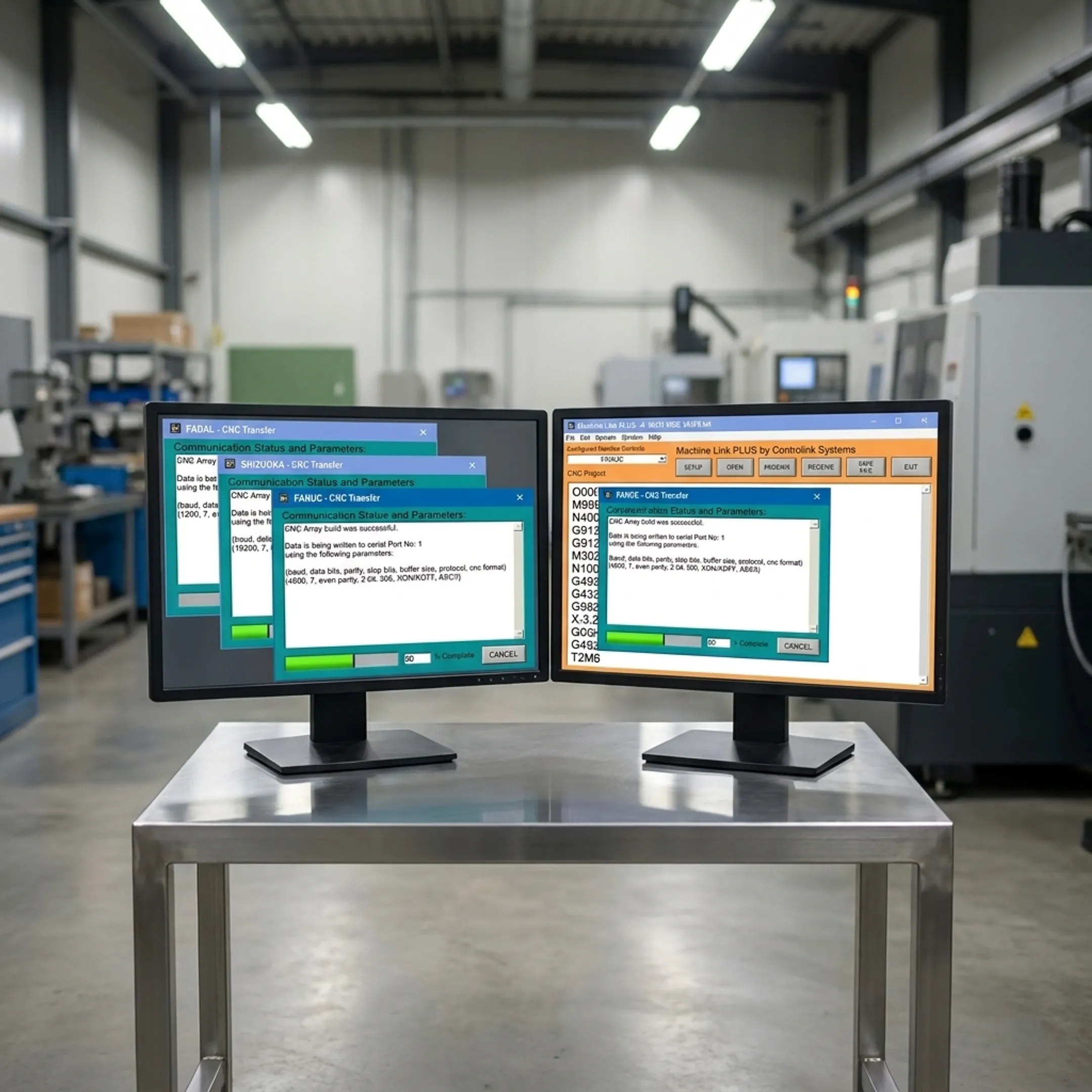 Software interface displaying CNC program transfer and revision status