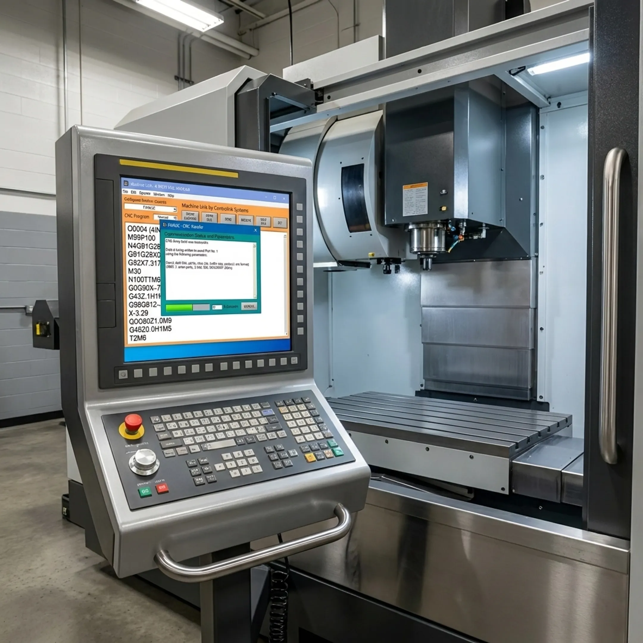 Industrial CNC machine control connected to secure DNC network software