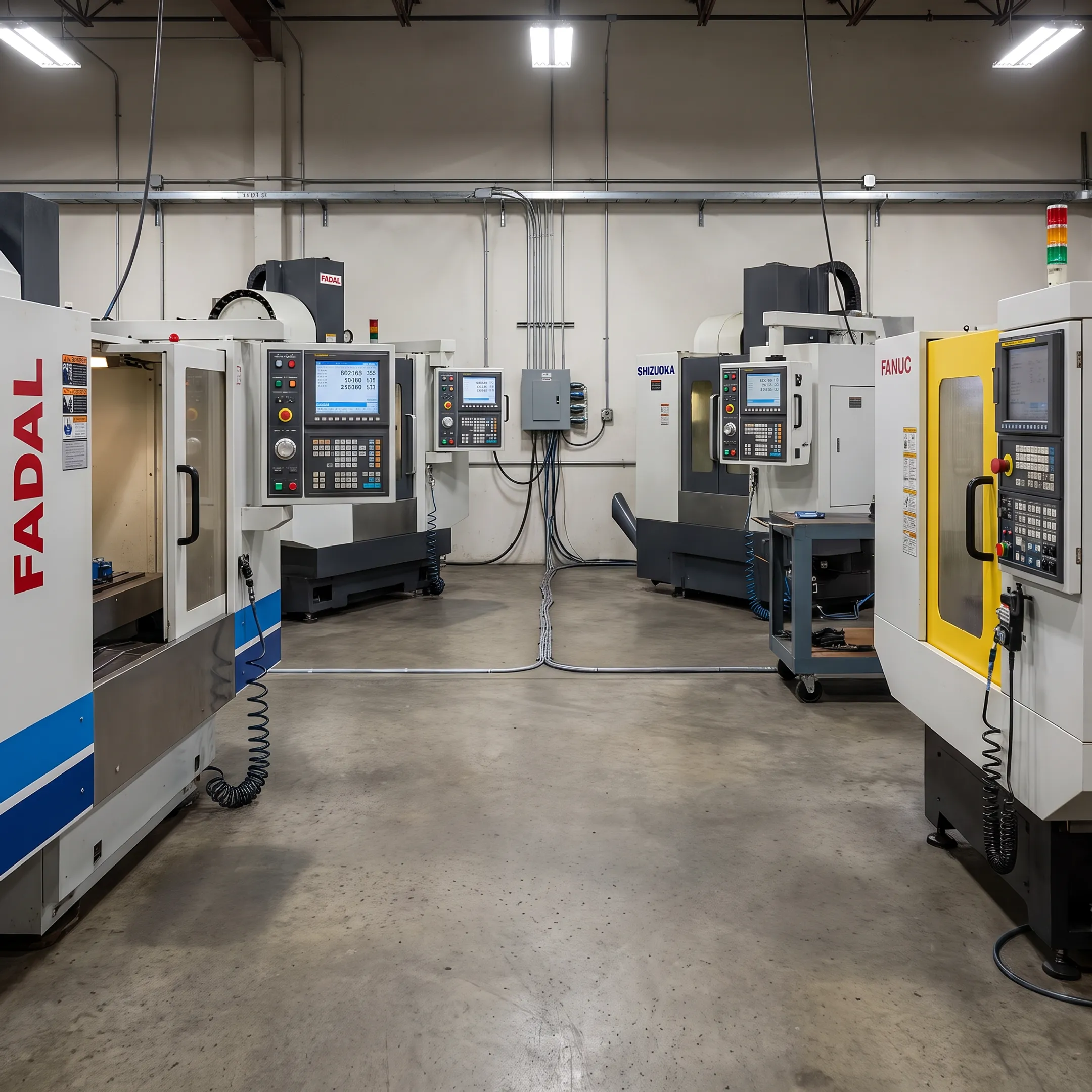 Shop floor control system interface connected to industrial CNC machines