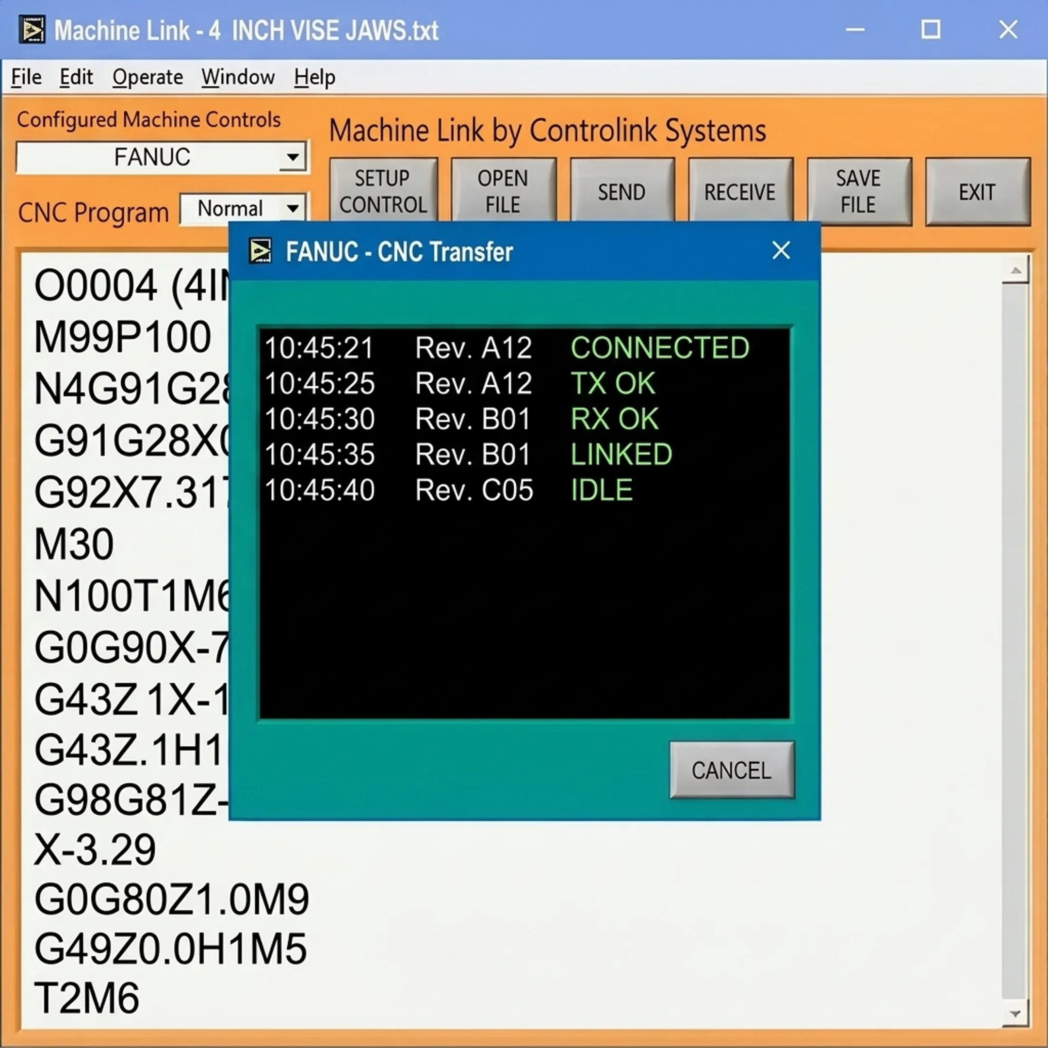Technical audit logs of CNC file transfers displayed on a secure industrial monitor