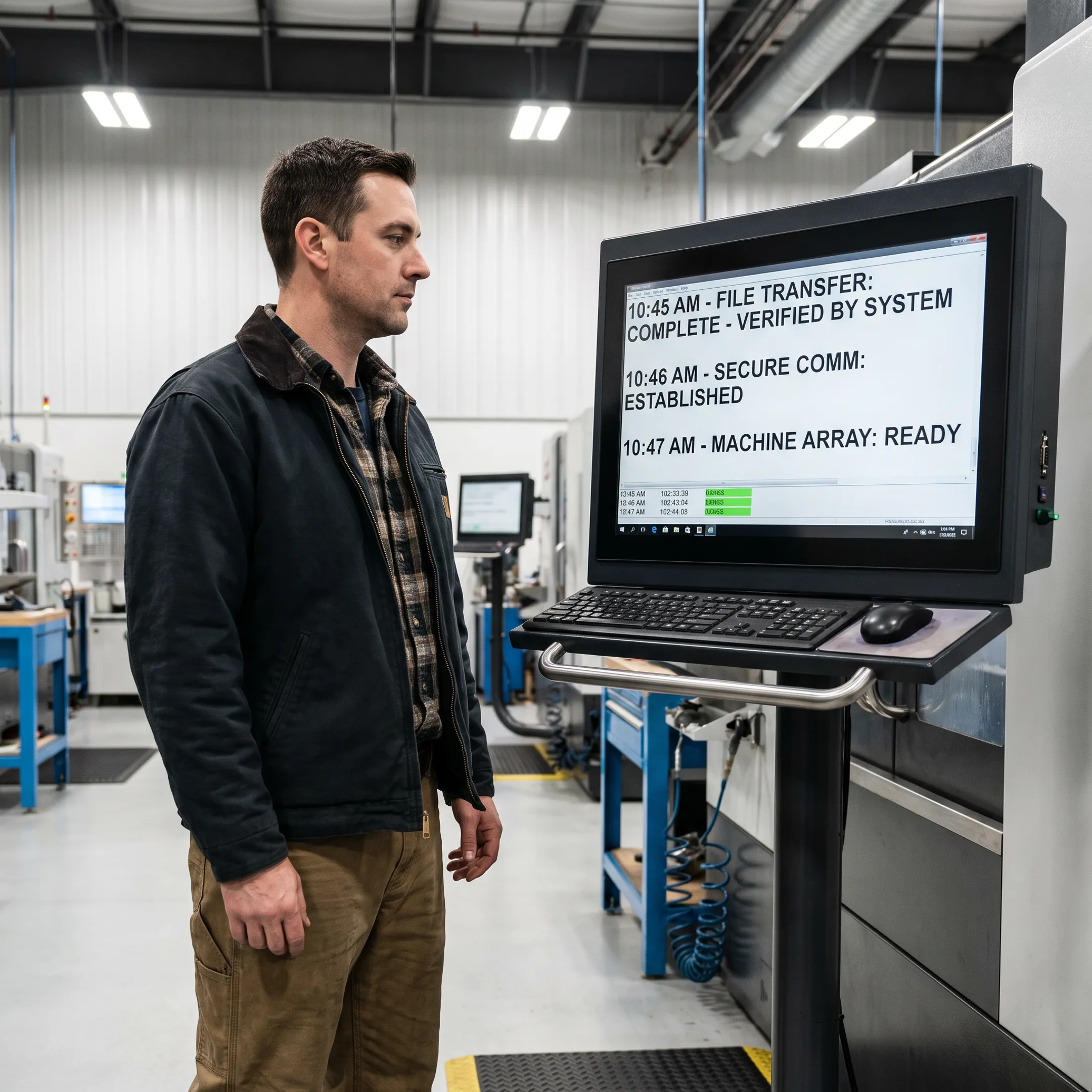 CNC machine operator reviewing audit-ready program transfer logs on a terminal screen
