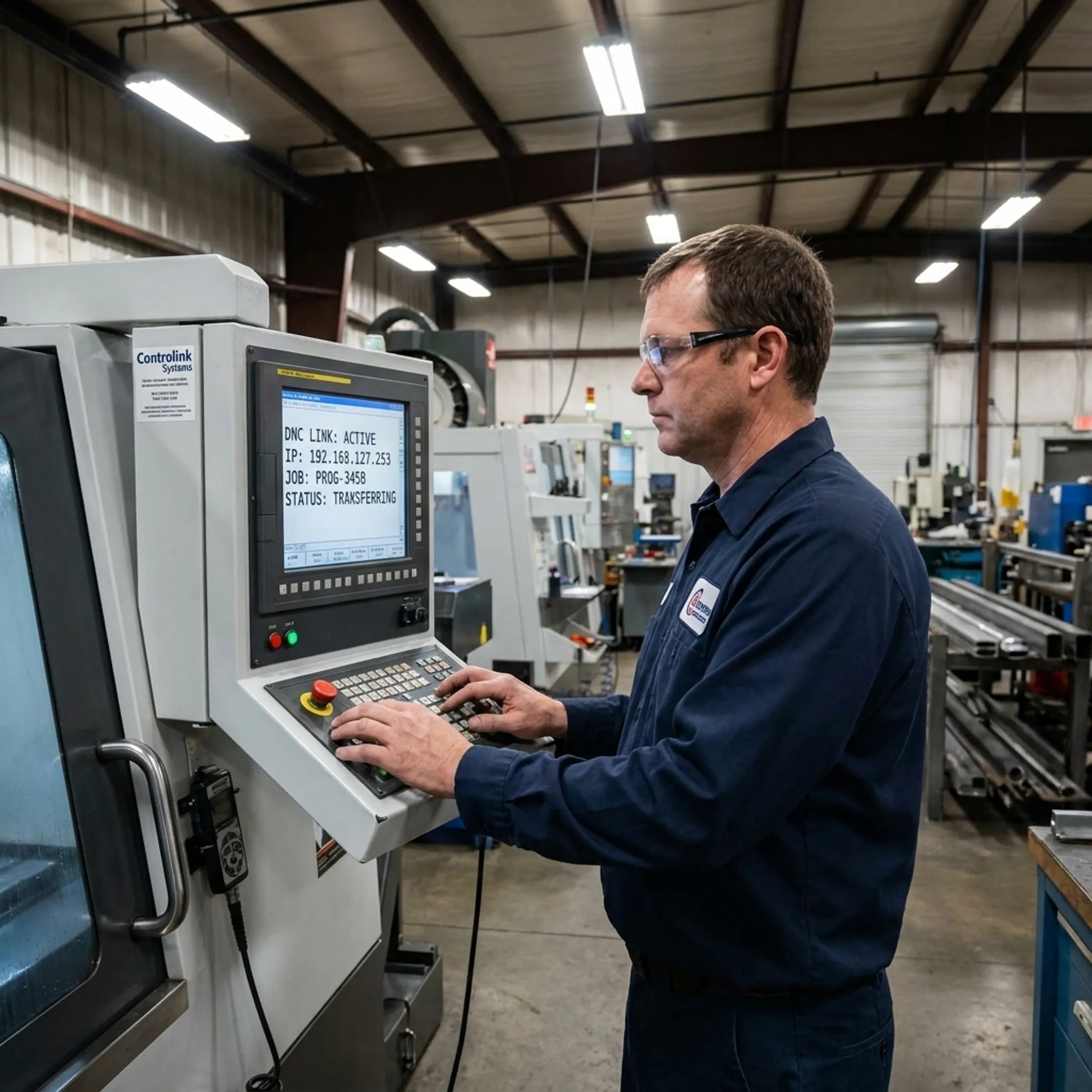 Machinist configuring networked CNC communications at machine control